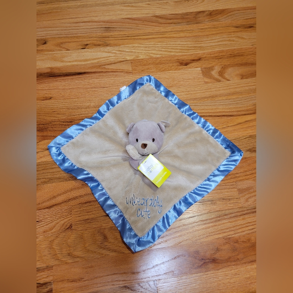 Baby Starters Bear Lovey Security Blanket "Unbearably Cute" Blue Tan Satin Trim